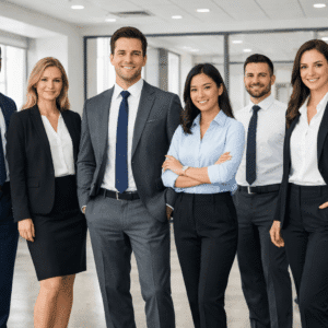 Business dress code training showing men and women in professional office attire following modern workplace standards