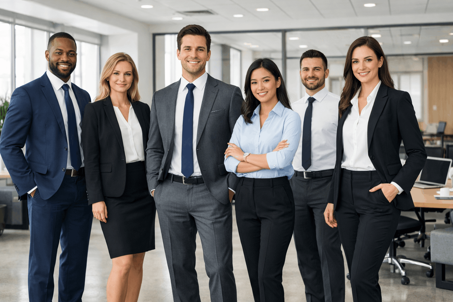 Business dress code training showing men and women in professional office attire following modern workplace standards