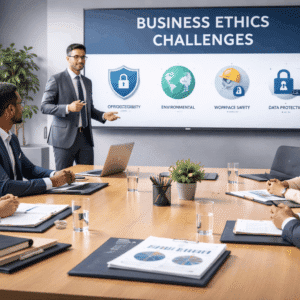 Professional business scene representing business ethics challenges such as cyber ethics, environmental responsibility, and workplace conduct
