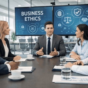 Business ethics course showing ethical decision-making, corporate responsibility, and professional conduct in a modern workplace