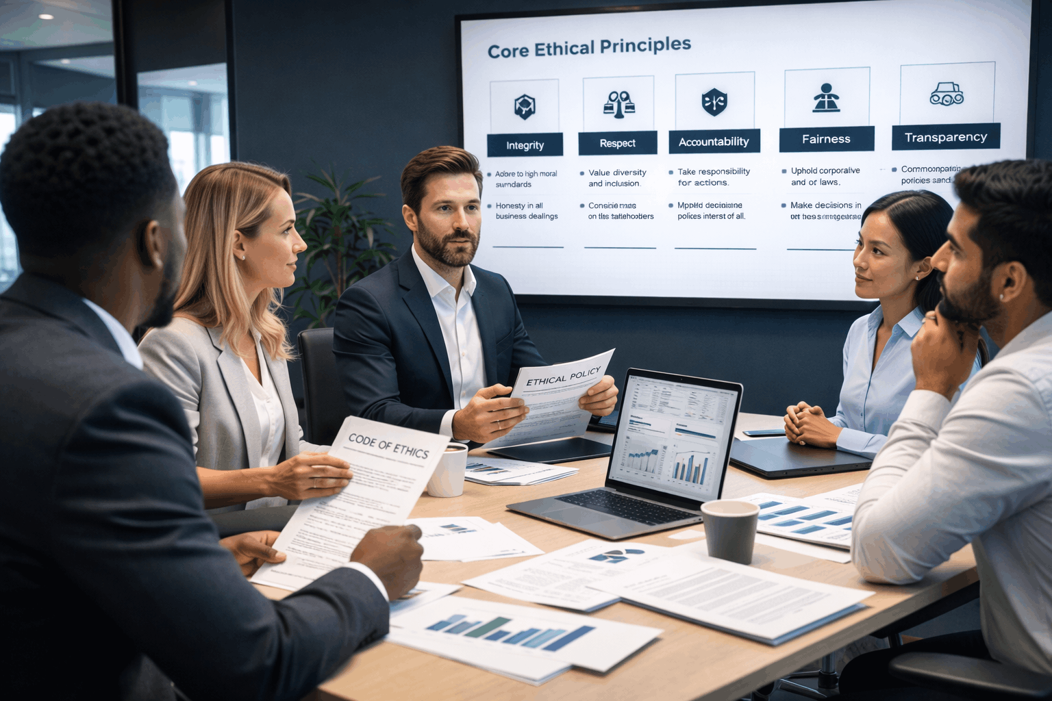 Professionals discussing ethical decisions and policies during business ethics training in a modern corporate environment