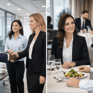 Business etiquette course showing professionals demonstrating proper communication, grooming, and workplace behaviour