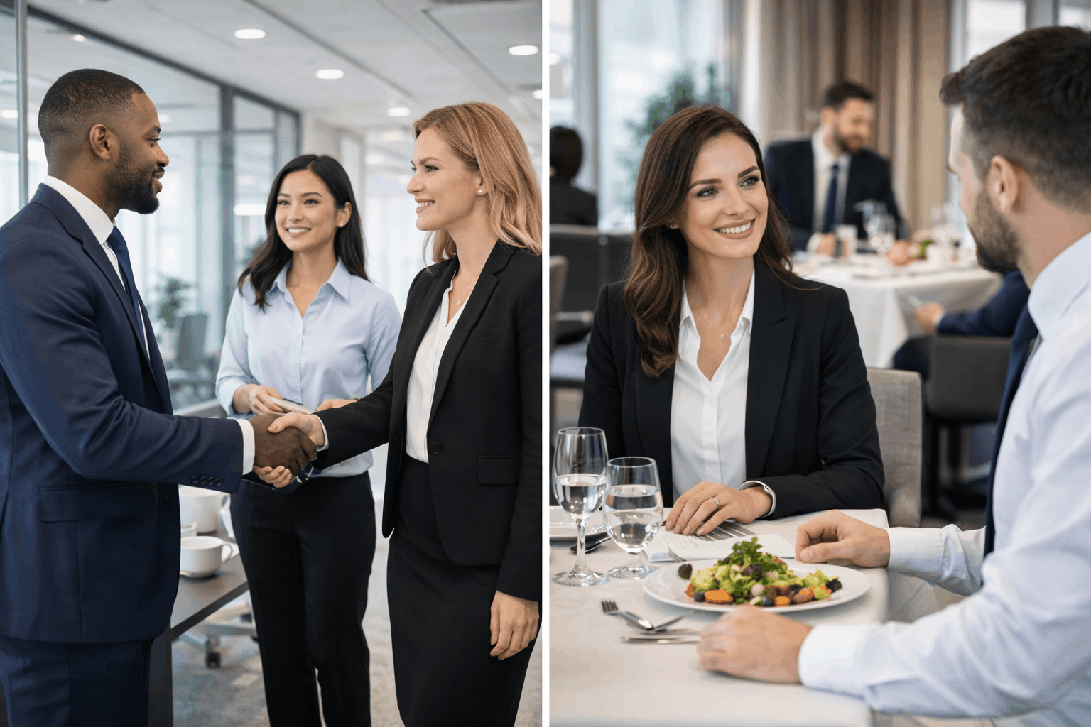 Business etiquette course showing professionals demonstrating proper communication, grooming, and workplace behaviour