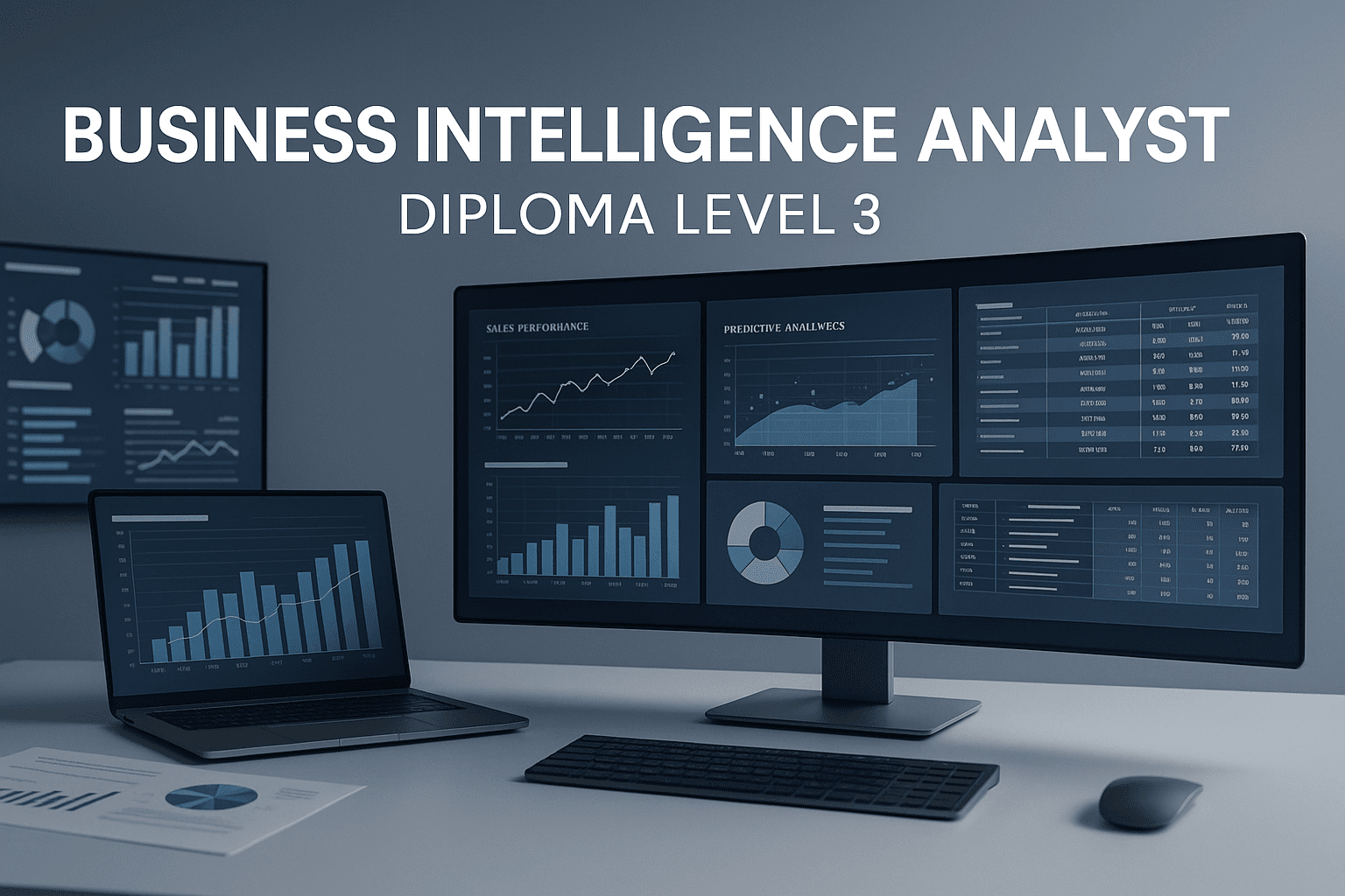 Modern BI workspace showing dashboards, data charts, analytics screens, and modelling tools for Business Intelligence Analyst Diploma Level 3.