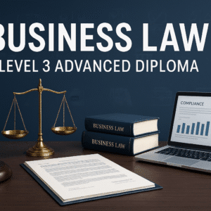 Professional banner showing legal documents, scales of justice, and a modern office desk for the Business Law Diploma.