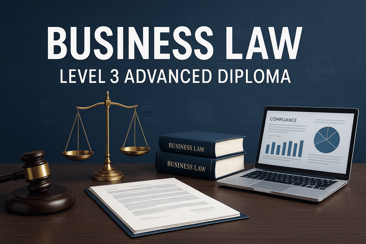 Professional banner showing legal documents, scales of justice, and a modern office desk for the Business Law Diploma.