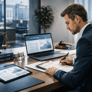 Business law professional reviewing UK corporate contracts, governance documents, and legal frameworks in a modern office setting.