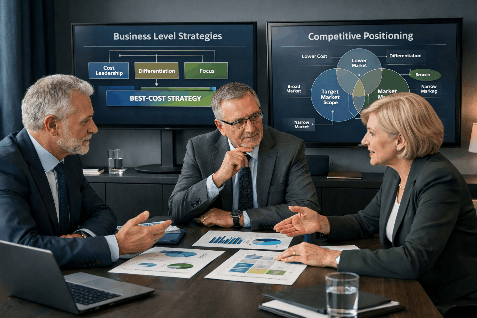 Business professionals analysing pricing, differentiation, and focus models in business level strategies planning.