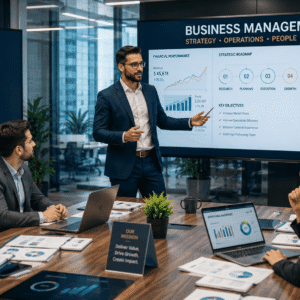 Business professionals discussing strategy and operations during a Business Management training session