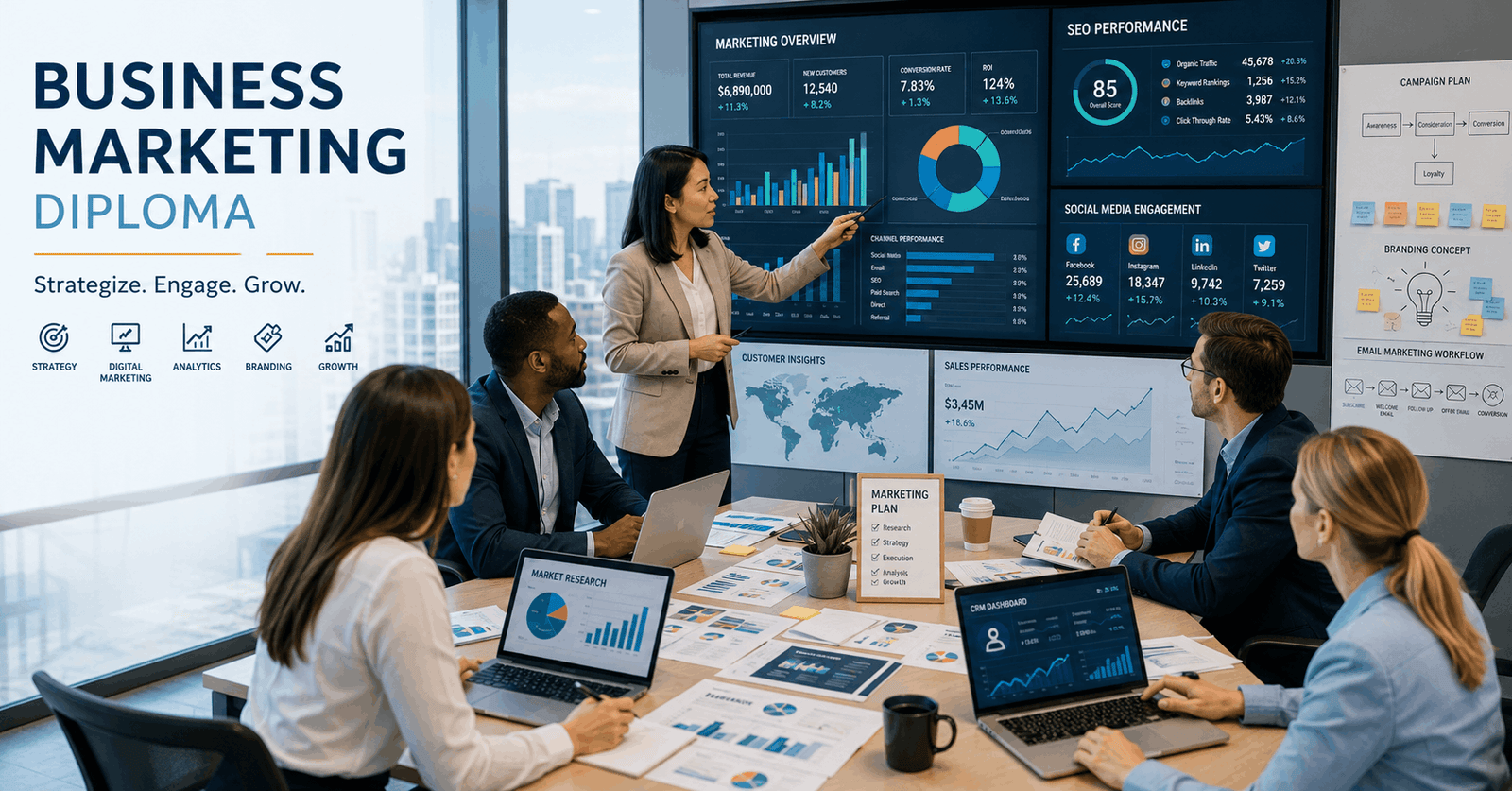 Business professionals analysing digital campaigns and strategy dashboards in a Business Marketing Diploma course