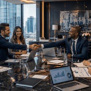 Business professionals discussing agreements and strategies during a Business Negotiation Skills meeting.