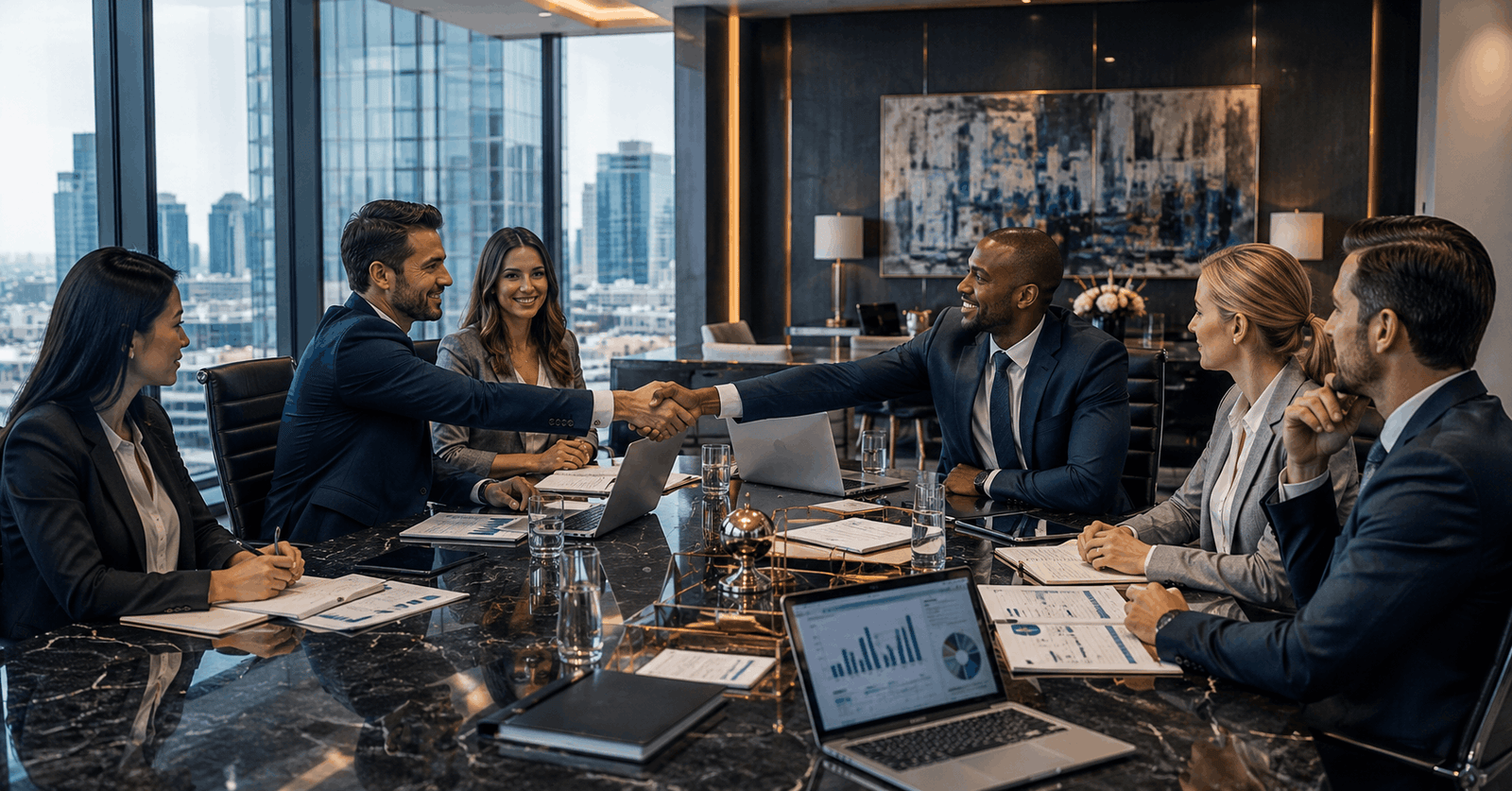 Business professionals discussing agreements and strategies during a Business Negotiation Skills meeting.