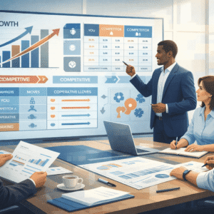 Business strategy course showing professionals analysing competitive and cooperative strategic planning charts
