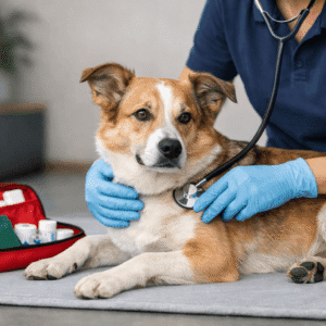 Canine first aid training showing a dog receiving emergency care in a calm, professional setting