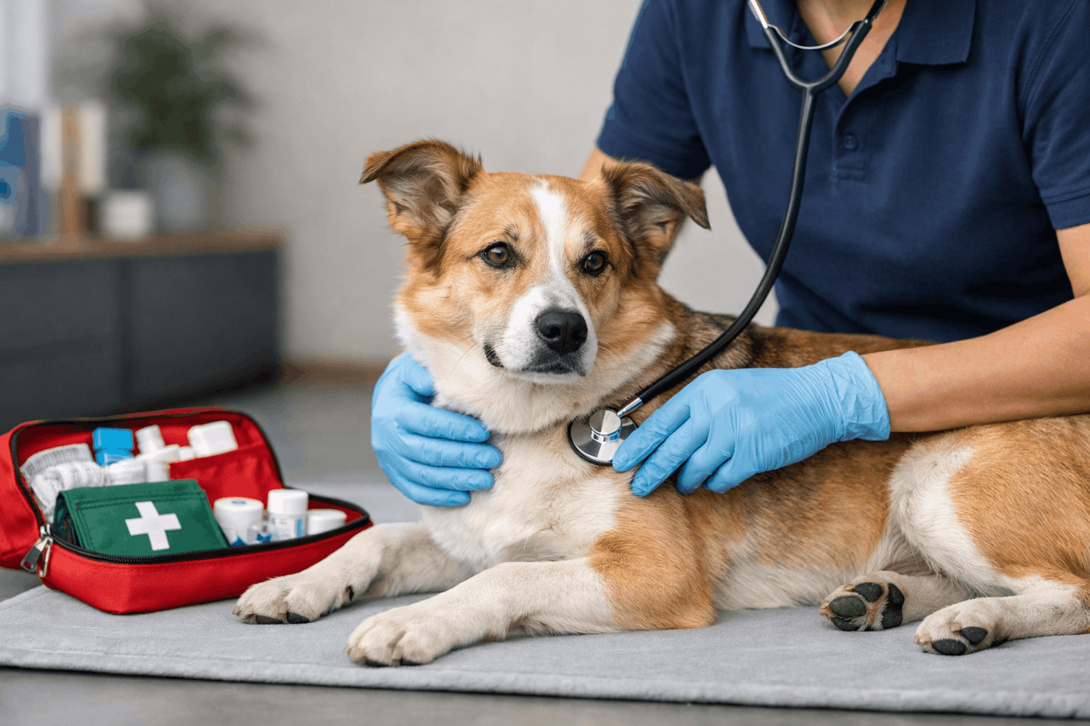Canine first aid training showing a dog receiving emergency care in a calm, professional setting