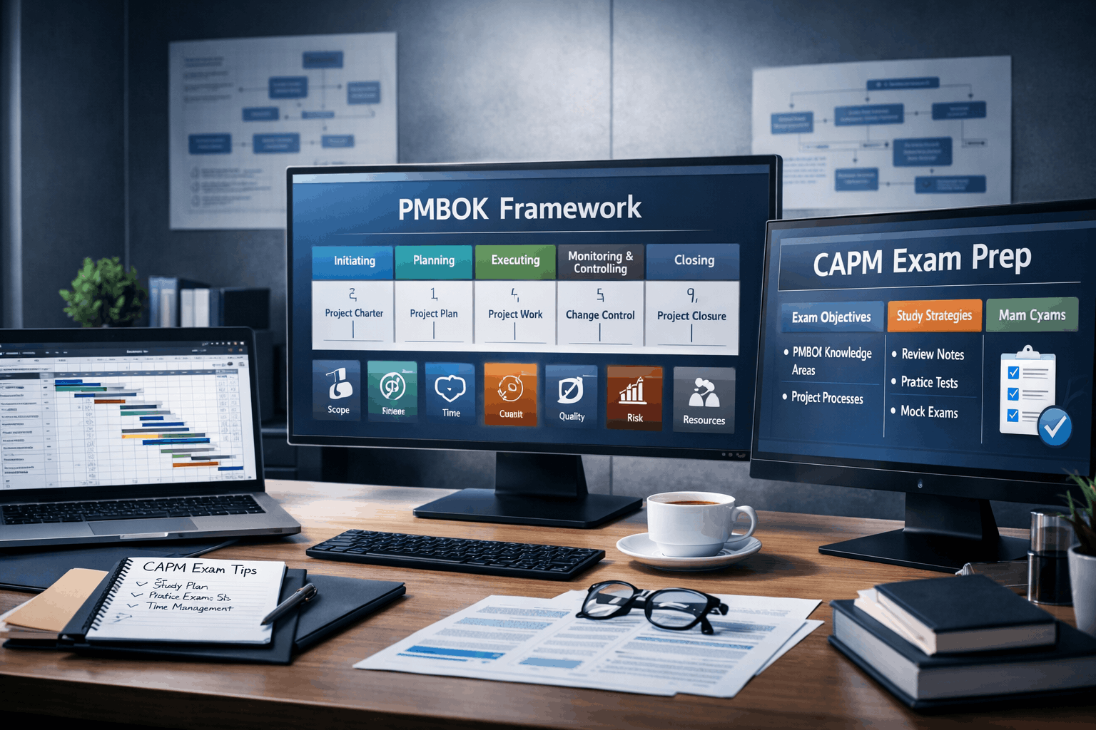 Professional CAPM exam prep course visual showing project management processes, PMBOK framework, and exam-focused learning