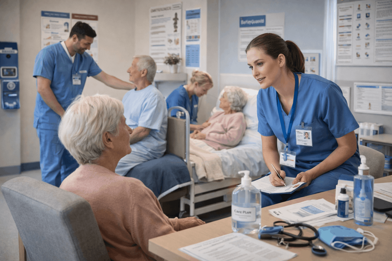 Healthcare workers completing Care Certificate Training in a professional care setting focused on safety, dignity, and support.