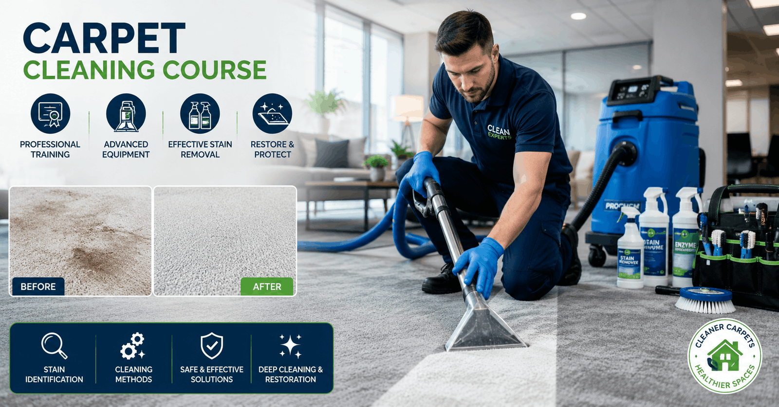 Carpet Cleaning Course showing a professional cleaner removing stains from a modern carpet