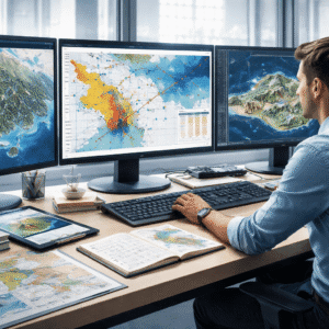Cartography and visualization course showing digital GIS maps and geospatial data on a modern workstation