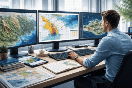 Cartography and visualization course showing digital GIS maps and geospatial data on a modern workstation