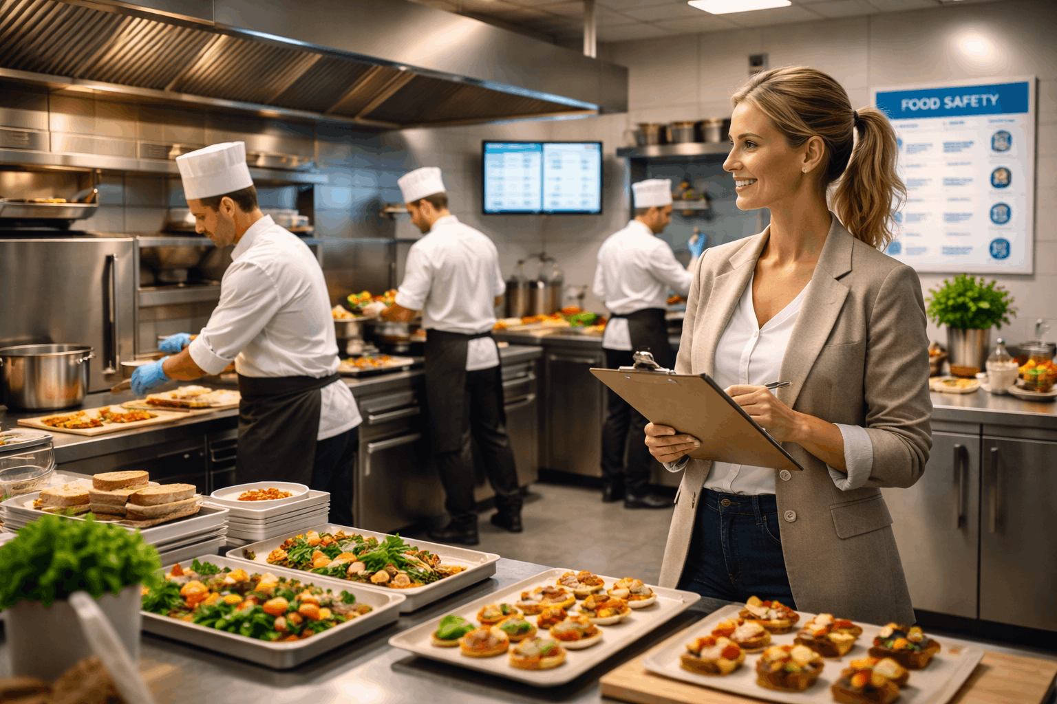 Professional catering kitchen and management planning scene representing skills taught in a catering management course.