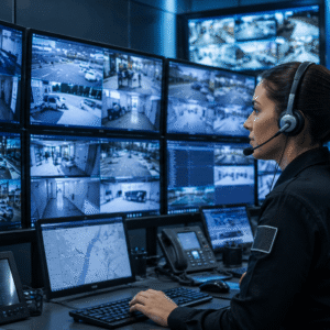 Professional security operator monitoring surveillance screens during CCTV Operator Training