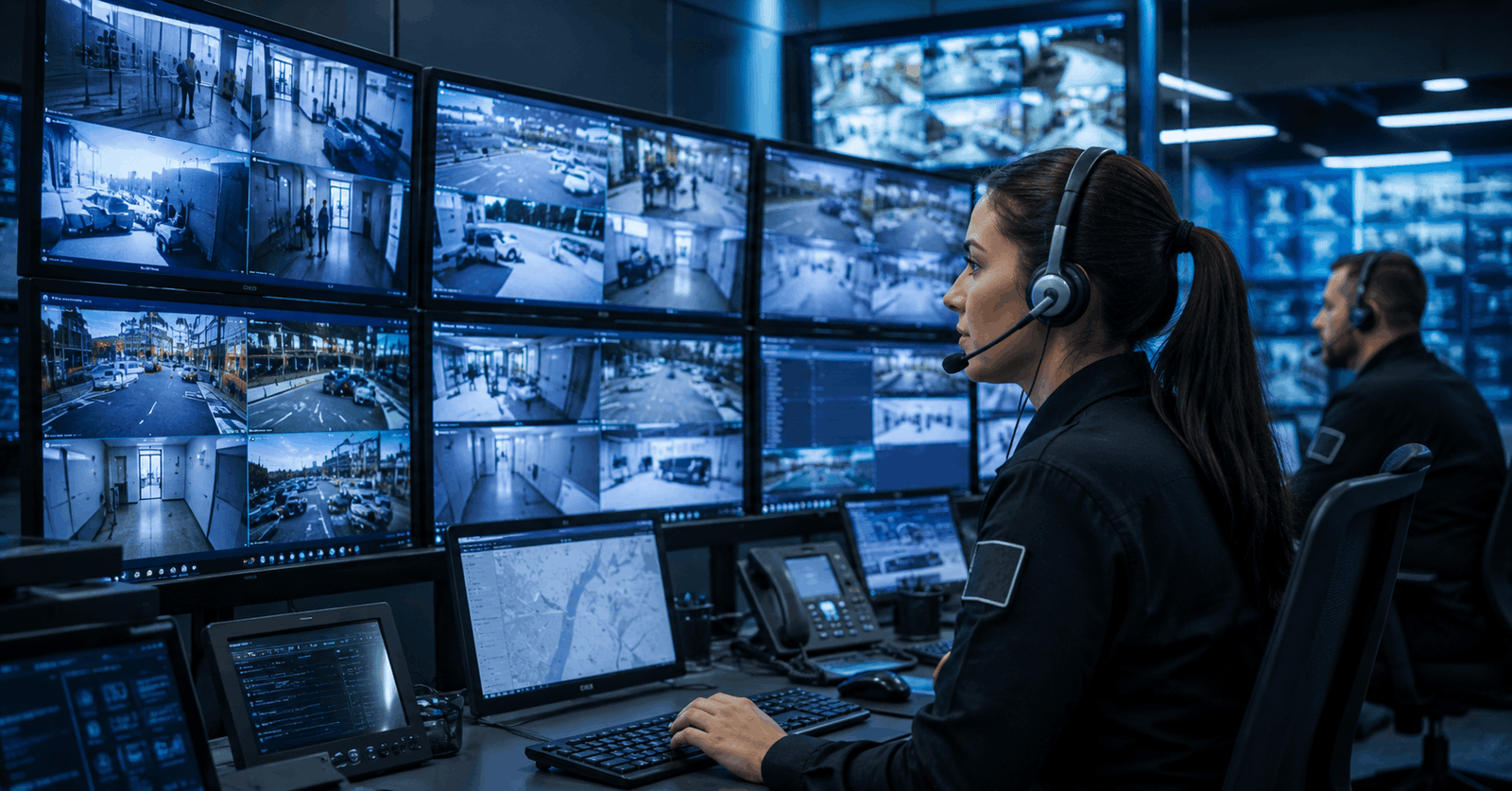 Professional security operator monitoring surveillance screens during CCTV Operator Training