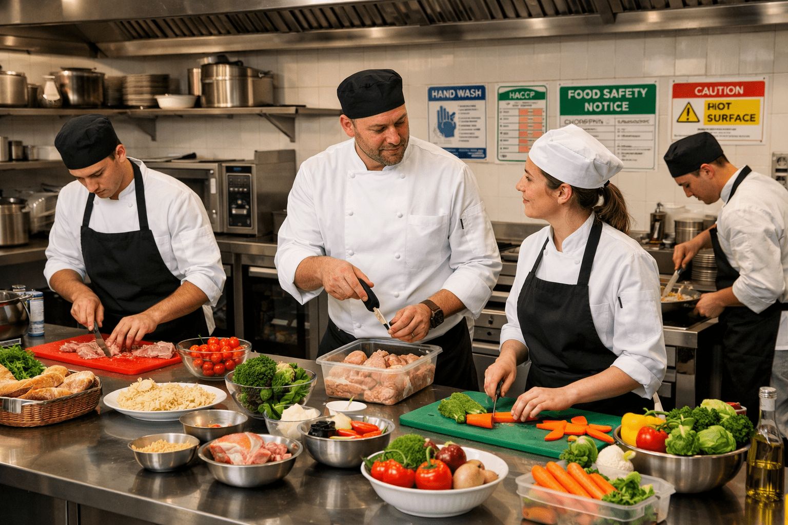 Chef training level 2 student preparing meat and vegetables in a professional training kitchen