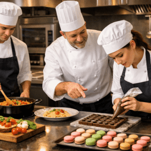 Chef Training Level 3 students practising professional cooking and pastry skills