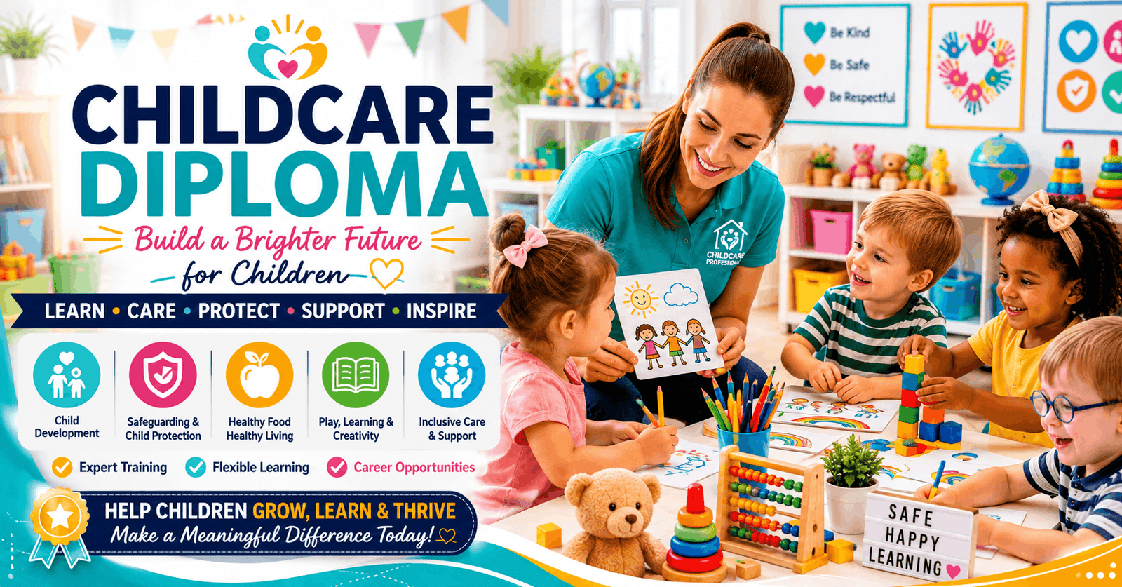 Professional childcare practitioner supporting children in a safe and engaging learning environment during a Childcare Diploma course