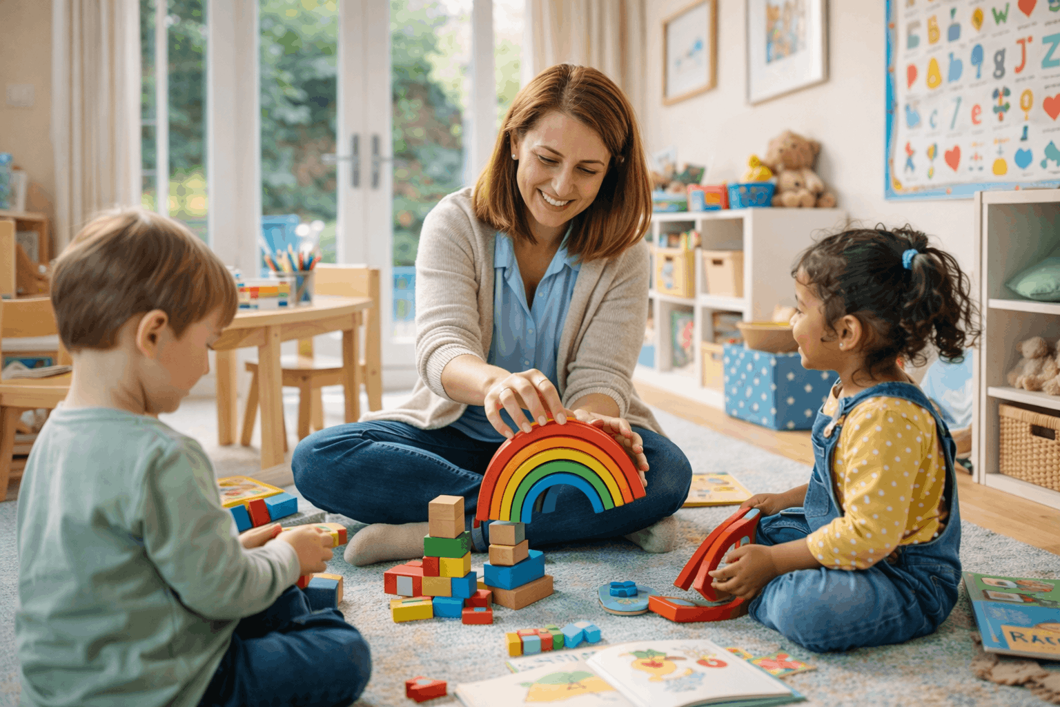 Childminder supporting early years learning in a safe home setting for Childminding Level 3 Diploma training