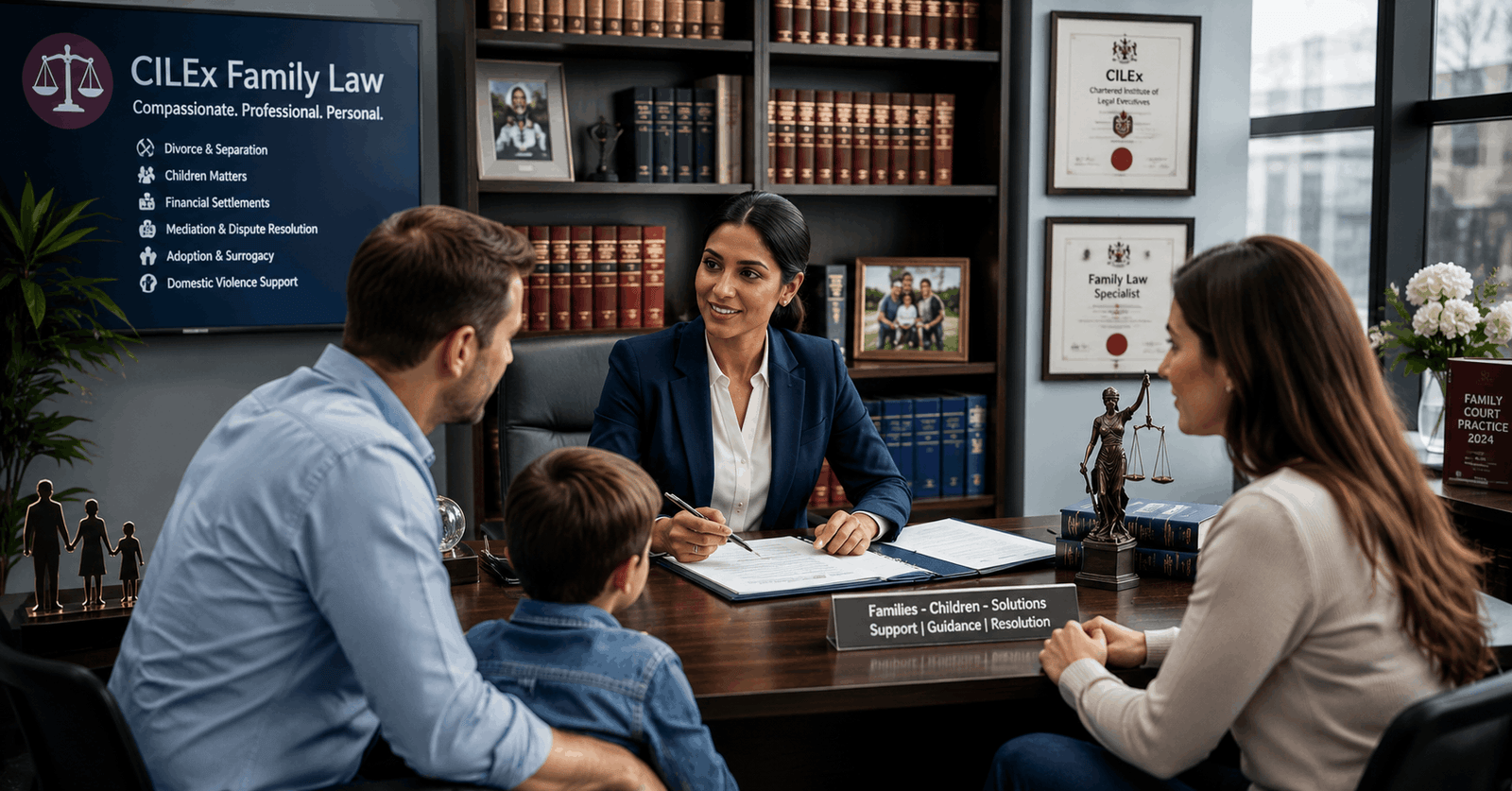 Legal professional reviewing family case documents during CILEx Family Law training in a modern legal office