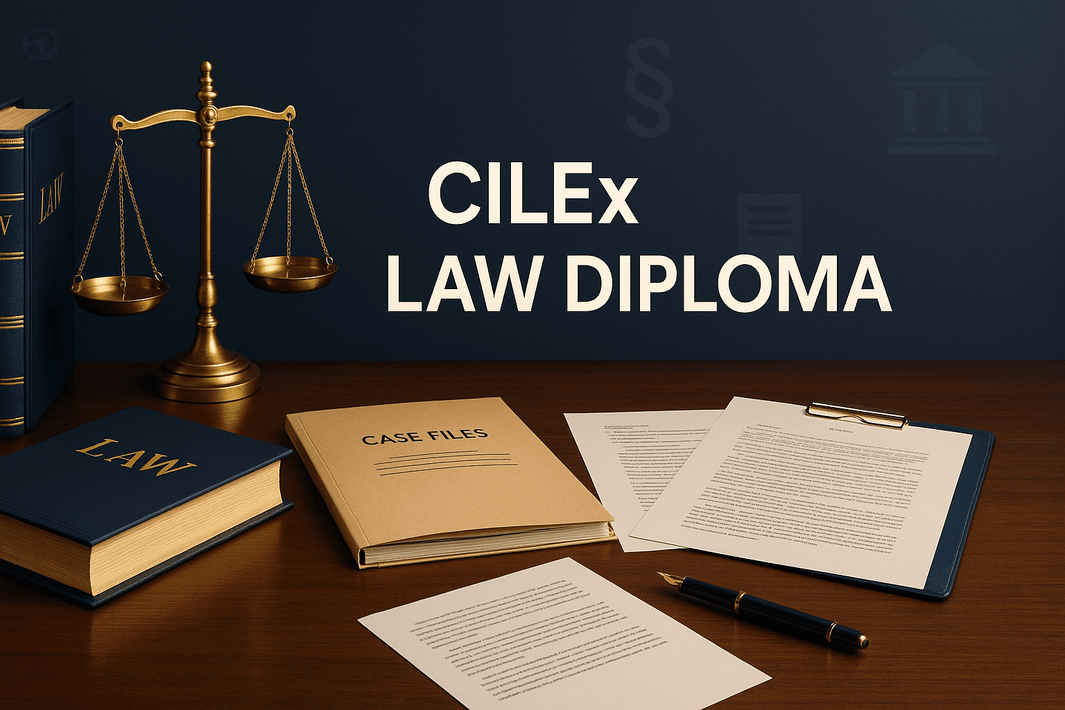 CILEx law diploma banner showing legal books, scales of justice, documents, and a professional workspace representing advanced legal study.