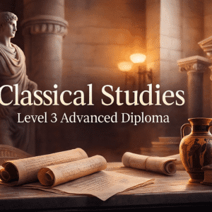 Classical Studies course banner showing Greek columns, Roman statues and ancient manuscripts representing Greece and Rome.