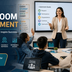 Teacher applying classroom management strategies while engaging students in a modern learning environment