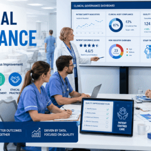 Healthcare professionals reviewing quality standards and patient safety data in a Clinical Governance Course