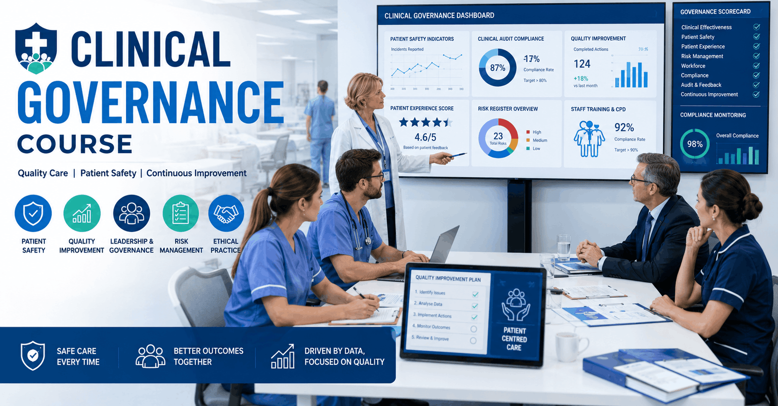 Healthcare professionals reviewing quality standards and patient safety data in a Clinical Governance Course