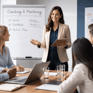 Professional coaching and mentoring training session showing leadership communication and team development