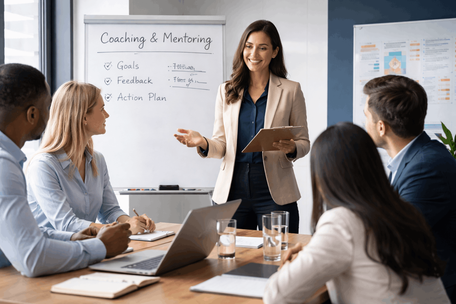 Professional coaching and mentoring training session showing leadership communication and team development
