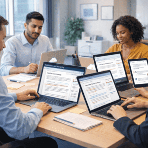Collaborative writing course showing a team working together on shared documents using laptops and cloud-based writing software