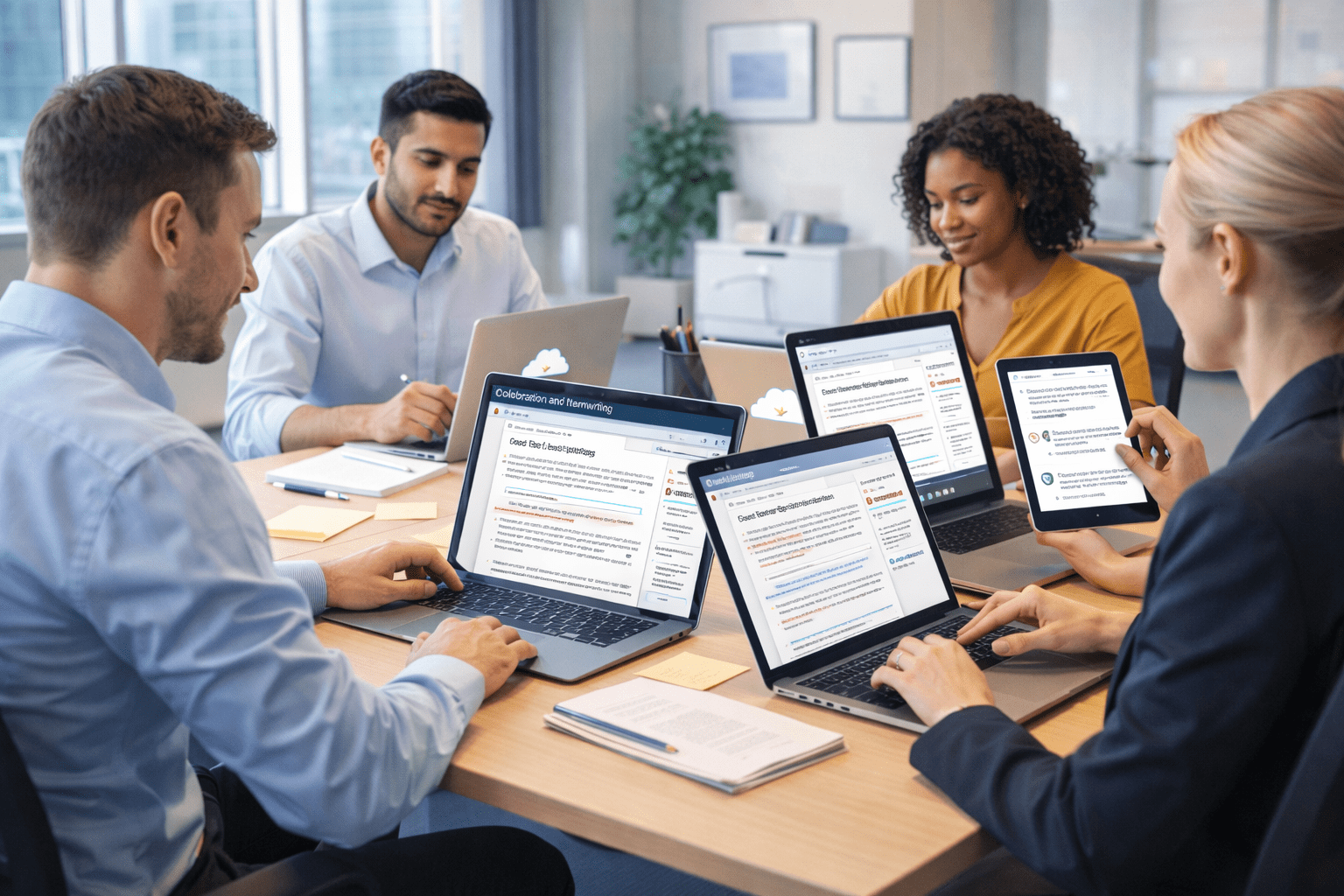 Collaborative writing course showing a team working together on shared documents using laptops and cloud-based writing software