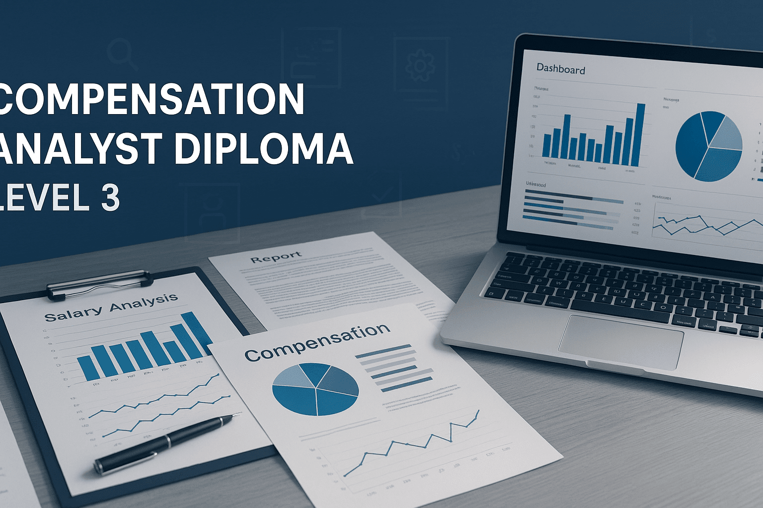 Corporate desk with salary charts, analytics dashboard, and HR documents representing the Compensation Analyst Diploma Level 3.