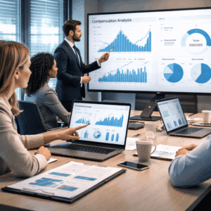 HR professionals analysing salary dashboards and charts in a Compensation Analytics Diploma Level 3 training environment