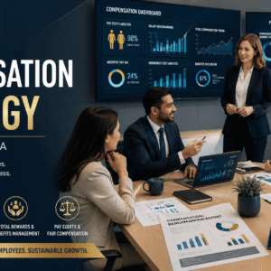 HR professionals developing compensation strategy, salary structures, and total rewards plans in a modern workplace
