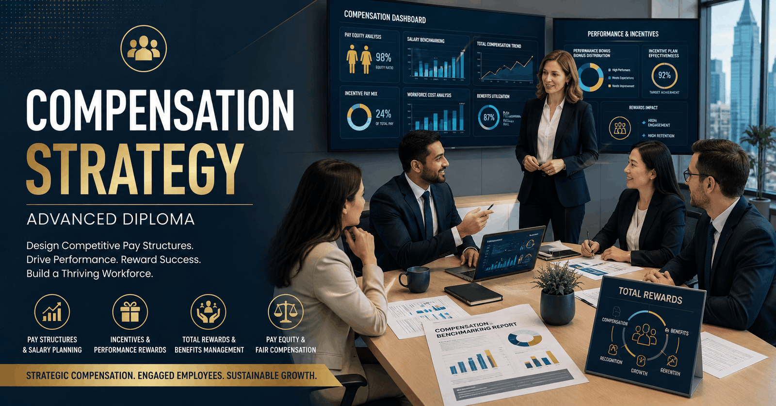 HR professionals developing compensation strategy, salary structures, and total rewards plans in a modern workplace