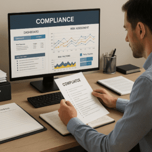 A professional analysing compliance reports, risk charts, and regulatory documents representing a compliance and risk course.