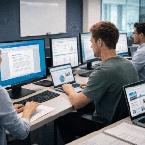 Beginner learners using computers to study computer fundamentals course topics in a modern digital learning environment