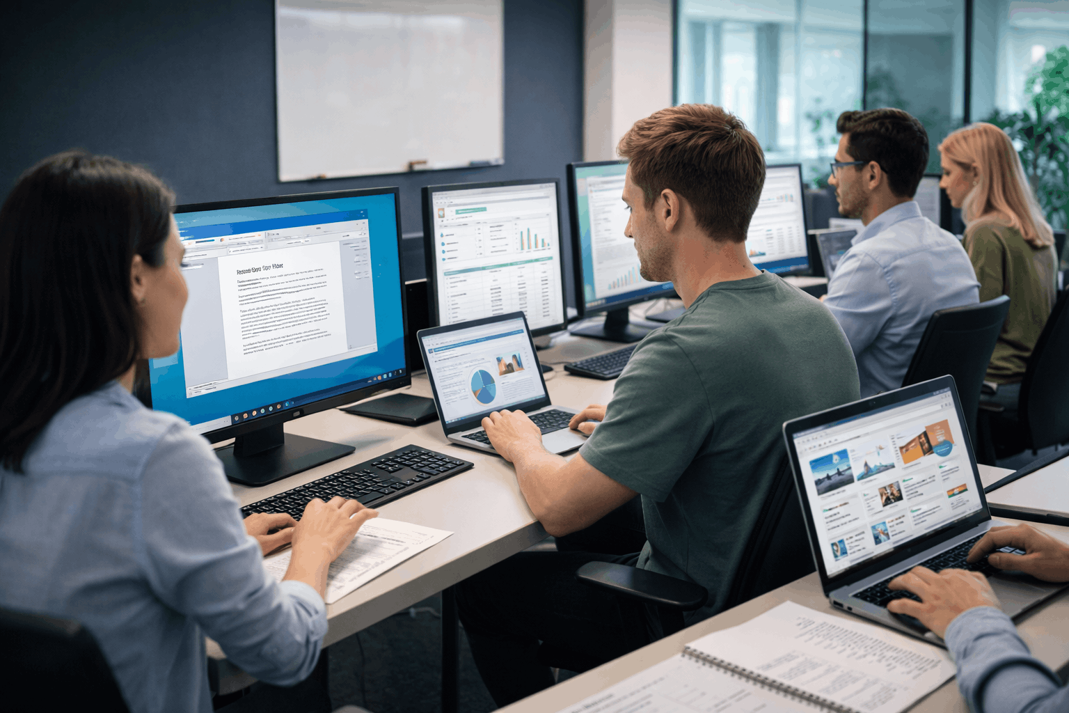 Beginner learners using computers to study computer fundamentals course topics in a modern digital learning environment