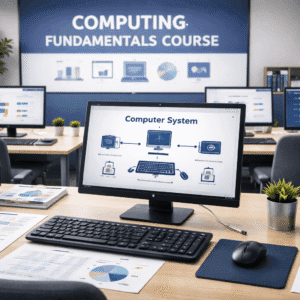 Modern classroom visual representing a computing fundamentals course with computer systems, hardware, and digital learning tools