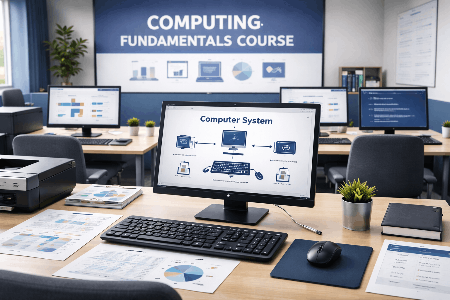 Modern classroom visual representing a computing fundamentals course with computer systems, hardware, and digital learning tools